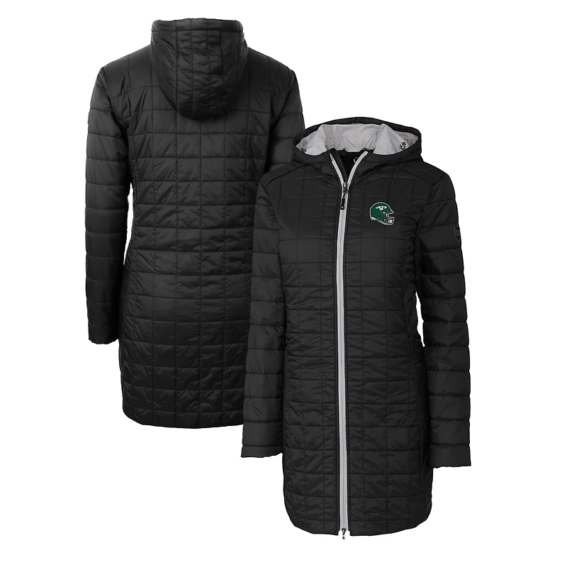 Women's Cutter & Buck  Black New York Jets Helmet Logo Rainier Primaloft Eco Insulated Hooded Long Coat