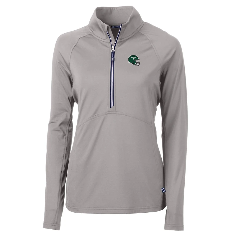 Women's Cutter & Buck  Gray New York Jets Helmet Logo Adapt Eco Knit Stretch Recycled Half-Zip Pullover Top