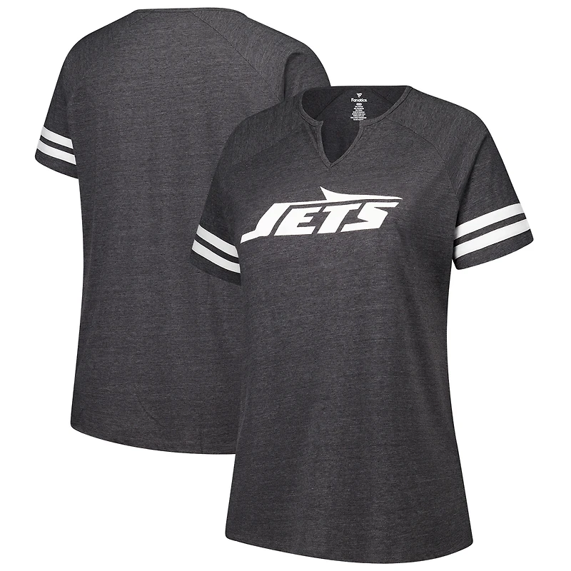 T-shirt à col cranté raglan rayé avec logo grande taille Fanatics Charcoal New York Jets pour femmes