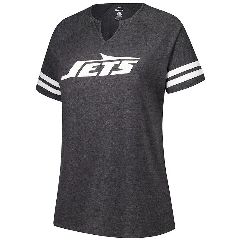 T-shirt à col cranté raglan rayé avec logo grande taille Fanatics Charcoal New York Jets pour femmes
