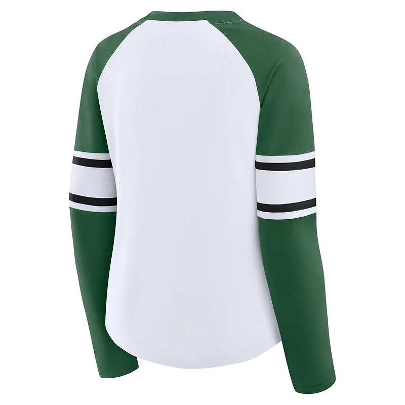 Women's Fanatics White/Green New York Jets Redzone Blitz Package Raglan Lace-Up V-Neck Long Sleeve T-Shirt