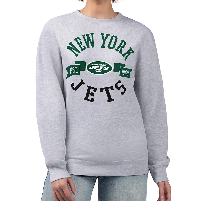 Women's G-III 4Her by Carl Banks Heather Gray New York Jets Large Round Team Graphic Fleece Pullover Sweatshirt