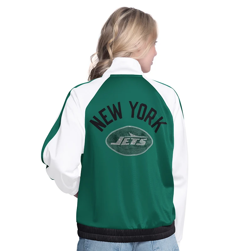 Veste de survêtement à fermeture éclair complète G-III 4Her par Carl Banks pour femme, blanche/verte, motif New York Jets Rally Rhinestone