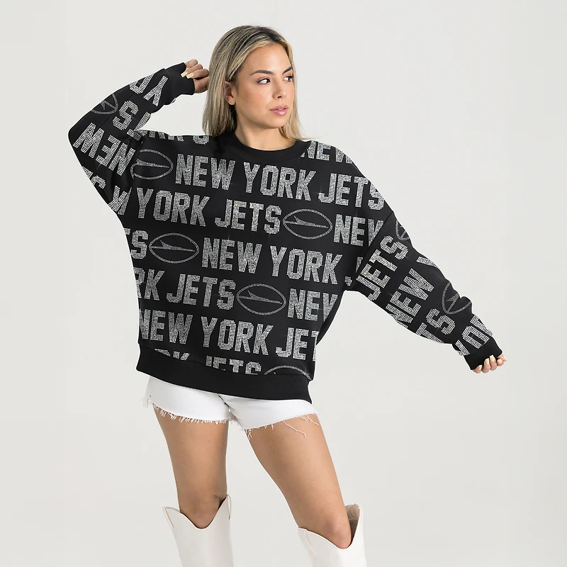Women's Gameday Couture Black New York Jets Oversized Hype Era Rhinestone Text Sweatshirt