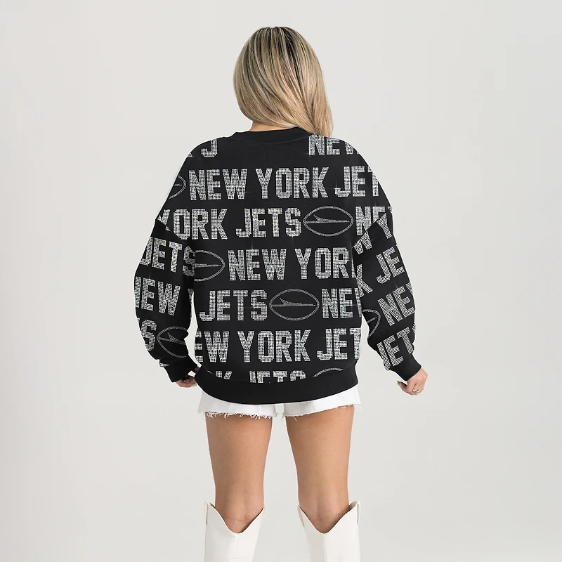 Women's Gameday Couture Black New York Jets Oversized Hype Era Rhinestone Text Sweatshirt