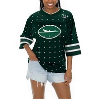 T-shirt à col en V jersey rayures sportives et strass pour femme, vert, Gameday Couture, Kickoff Time, New York Jets
