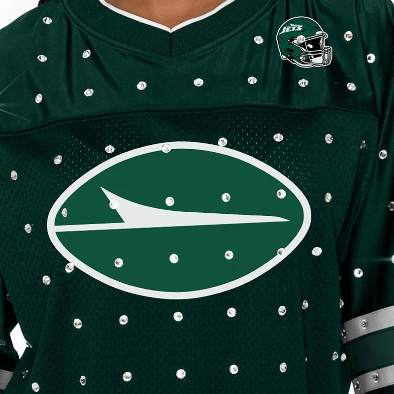 T-shirt à col en V jersey rayures sportives et strass pour femme, vert, Gameday Couture, Kickoff Time, New York Jets