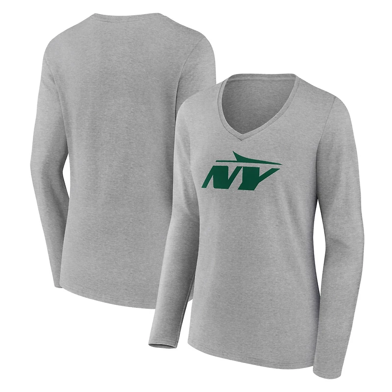T-shirt gris à manches longues et col en V pour femme avec logo secondaire des New York Jets