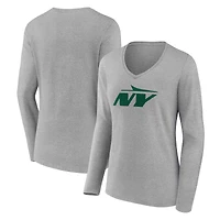 T-shirt gris à manches longues et col en V pour femme avec logo secondaire des New York Jets