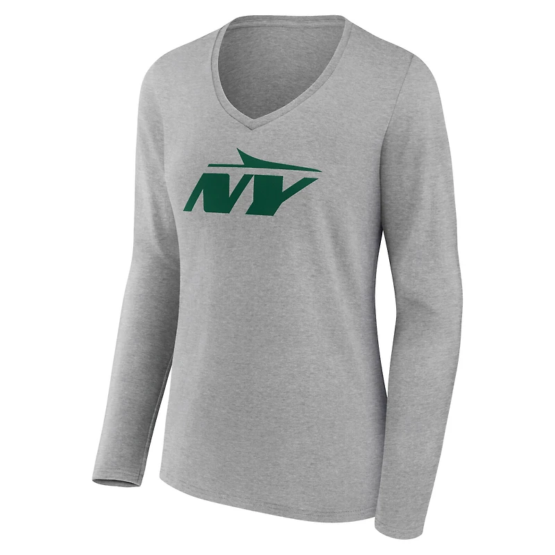 T-shirt gris à manches longues et col en V pour femme avec logo secondaire des New York Jets