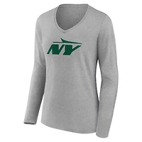 T-shirt gris à manches longues et col en V pour femme avec logo secondaire des New York Jets