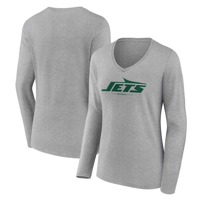 Women's  Gray New York Jets Team Lockup Long Sleeve V-Neck T-Shirt