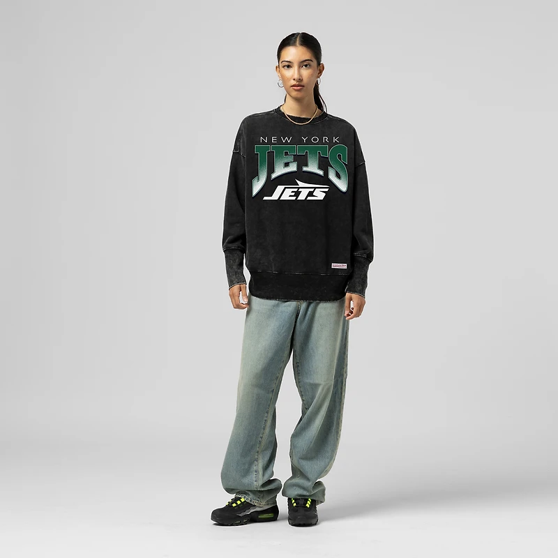 Women's Mitchell & Ness  Black New York Jets Delineate Mineral Wash Crewneck Sweatshirt