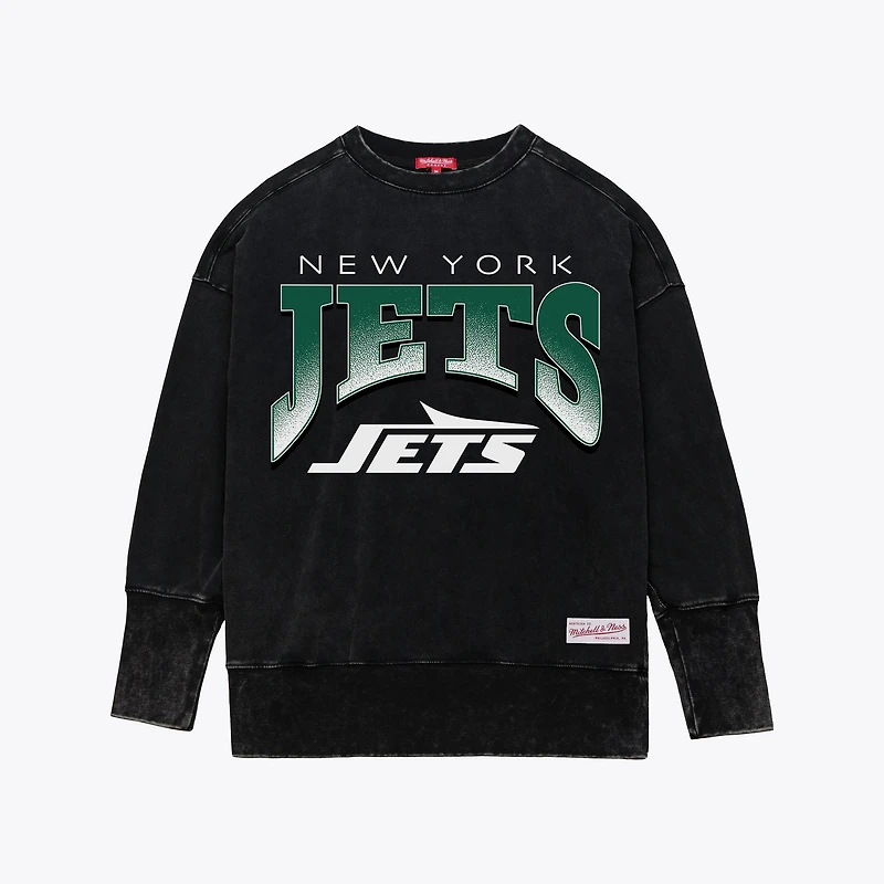 Women's Mitchell & Ness  Black New York Jets Delineate Mineral Wash Crewneck Sweatshirt