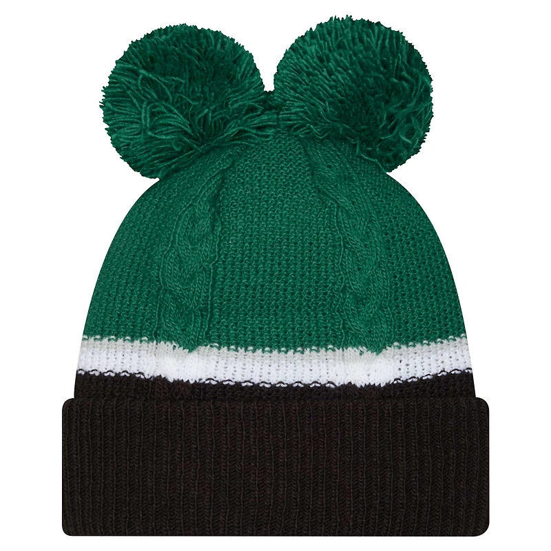Bonnet en tricot à revers double bulle New Era vert New York Jets pour femme avec pompons