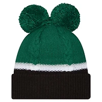 Bonnet en tricot à revers double bulle New Era vert New York Jets pour femme avec pompons