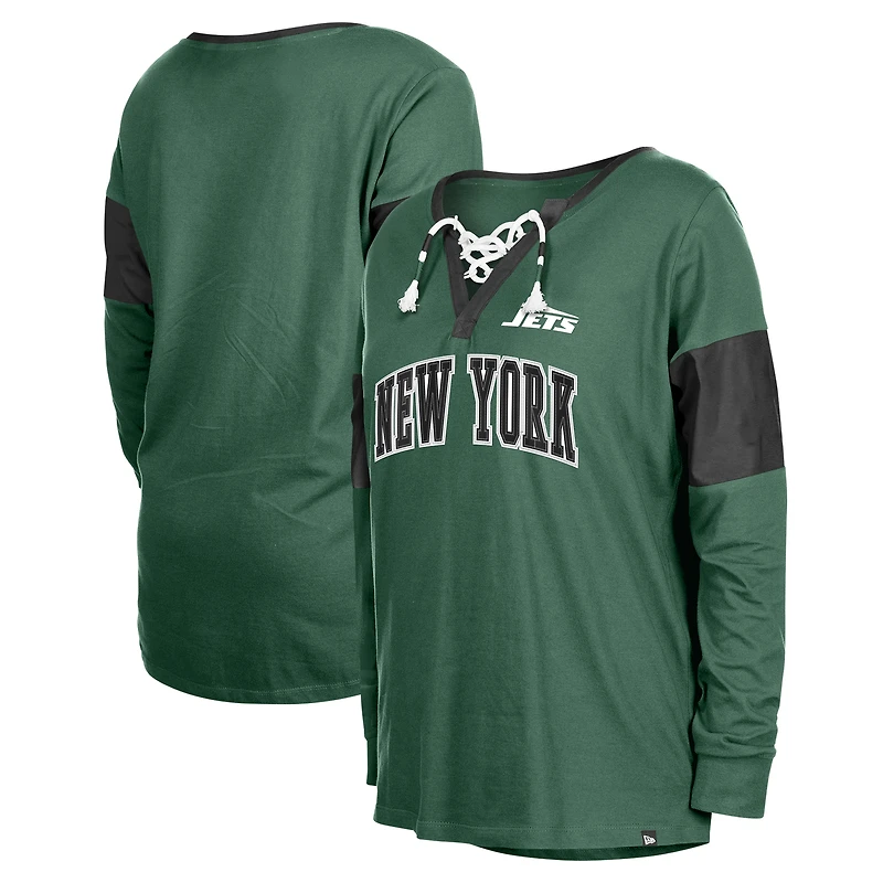 Women's New Era Green York Jets Lace-Up Notch-Neck Long Sleeve T-Shirt