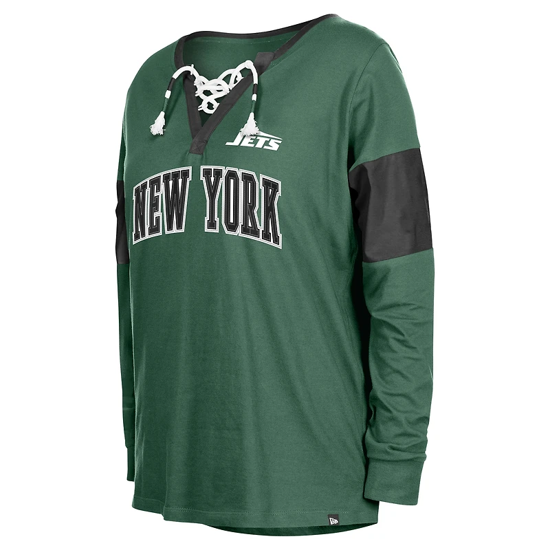 T-shirt vert à manches longues et col cranté lacets New Era pour femmes des York Jets
