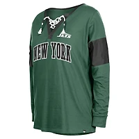 T-shirt vert à manches longues et col cranté lacets New Era pour femmes des York Jets