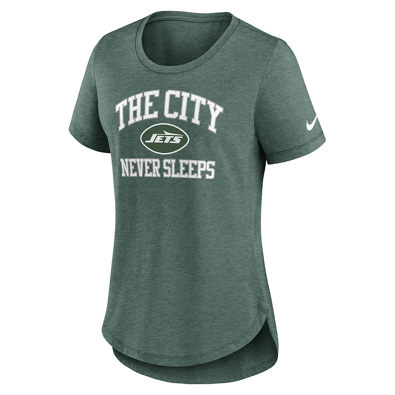 T-shirt Nike Heather Green pour femme, New York Jets, The City Never Sleeps, en mélange de trois matières