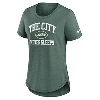 T-shirt Nike Heather Green pour femme, New York Jets, The City Never Sleeps, en mélange de trois matières
