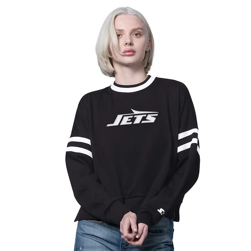 Women's Starter  Black New York Jets Rally Drop Shoulder Cropped Sweatshirt