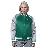 Women's Starter Kelly Green/Gray New York Jets Satin Full-Snap Vintage Varsity Jacket