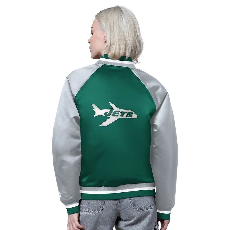 Women's Starter Kelly Green/Gray New York Jets Satin Full-Snap Vintage Varsity Jacket