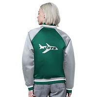 Women's Starter Kelly Green/Gray New York Jets Satin Full-Snap Vintage Varsity Jacket