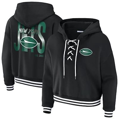 Women's WEAR by Erin Andrews  Black New York Jets Lace-Up Fleece Hoodie