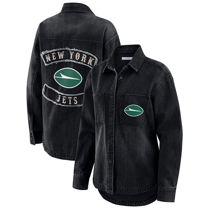 Veste-chemise oversize en denim noir délavé à boutons-pression pour femme WEAR by Erin Andrews des New York Jets