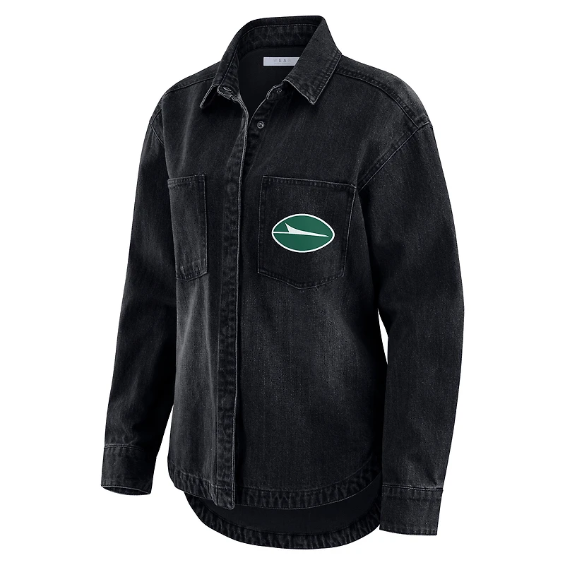 Veste-chemise oversize en denim noir délavé à boutons-pression pour femme WEAR by Erin Andrews des New York Jets