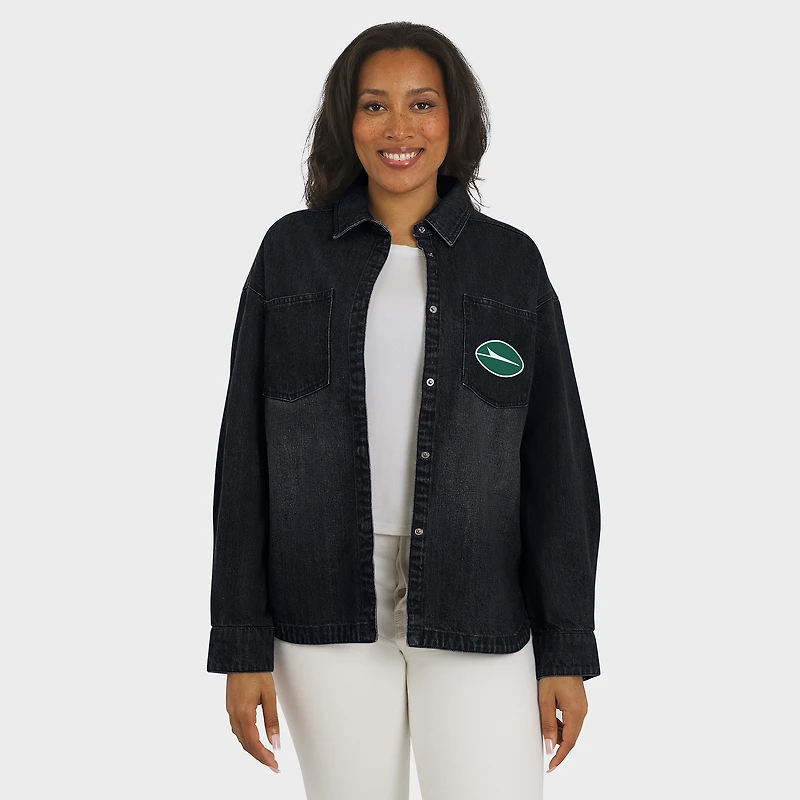 Women's WEAR by Erin Andrews Black New York Jets Washed Oversized Denim Full-Snap Shacket