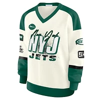 Sweat-shirt ras du cou à col en V crème New York Jets Racing pour femme par Erin Andrews