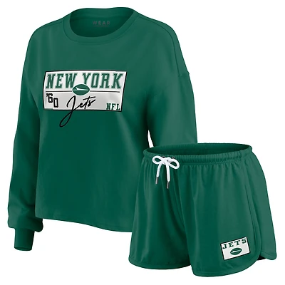 Women's WEAR by Erin Andrews Green New York Jets Heavy Rugby Jersey Long Sleeve T-Shirt & Shorts Lounge Set