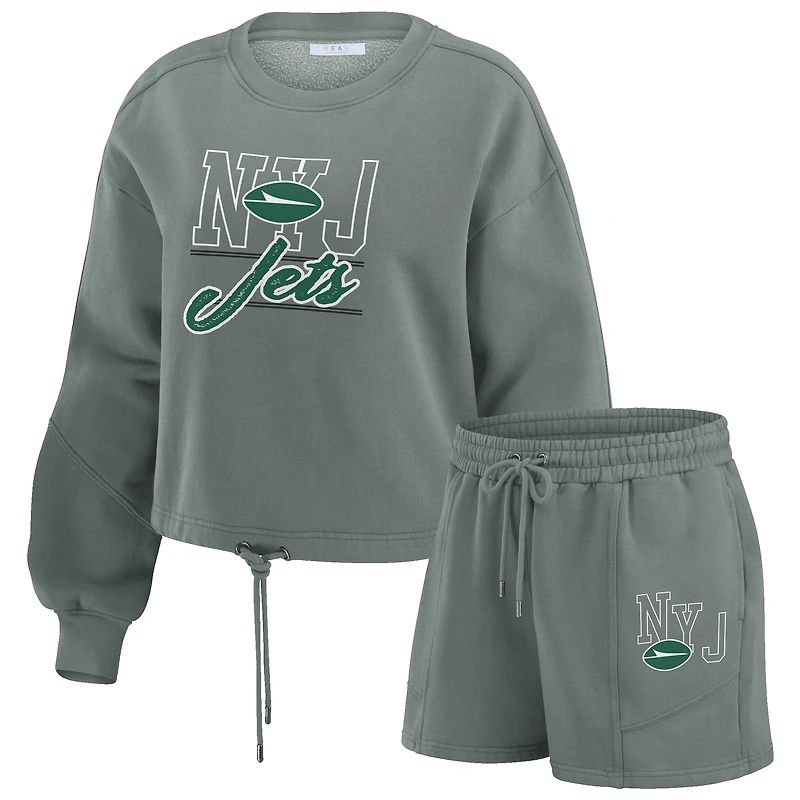 Women's WEAR by Erin Andrews Green New York Jets Washed Fleece Long Sleeve T-Shirt & Shorts Lounge Set
