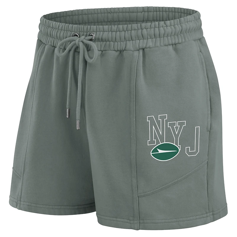 Women's WEAR by Erin Andrews Green New York Jets Washed Fleece Long Sleeve T-Shirt & Shorts Lounge Set