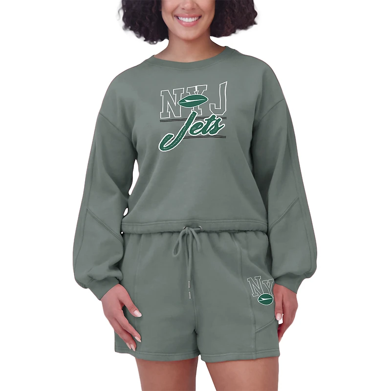 Women's WEAR by Erin Andrews Green New York Jets Washed Fleece Long Sleeve T-Shirt & Shorts Lounge Set