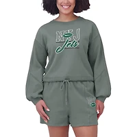 Women's WEAR by Erin Andrews Green New York Jets Washed Fleece Long Sleeve T-Shirt & Shorts Lounge Set