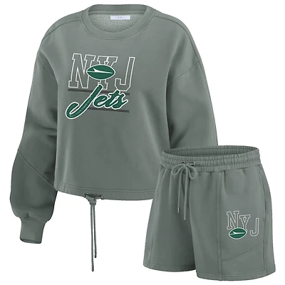 Women's WEAR by Erin Andrews Green New York Jets Washed Fleece Long Sleeve T-Shirt & Shorts Lounge Set