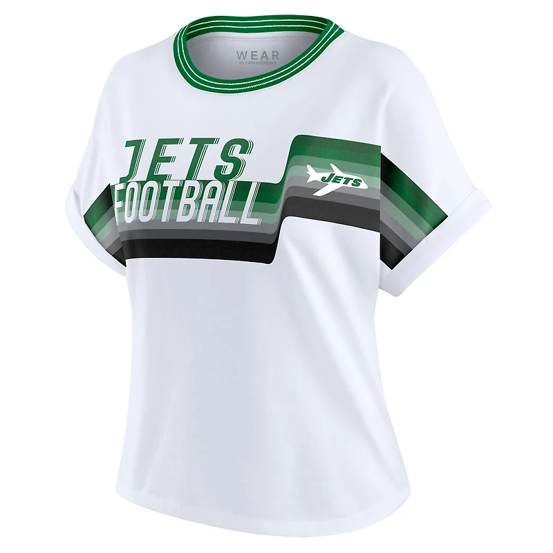 T-shirt court à rayures centrales blanc col dolman pour femme WEAR by Erin Andrews des Jets de New York
