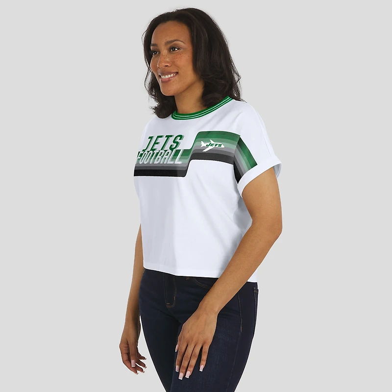 T-shirt court à rayures centrales blanc col dolman pour femme WEAR by Erin Andrews des Jets de New York