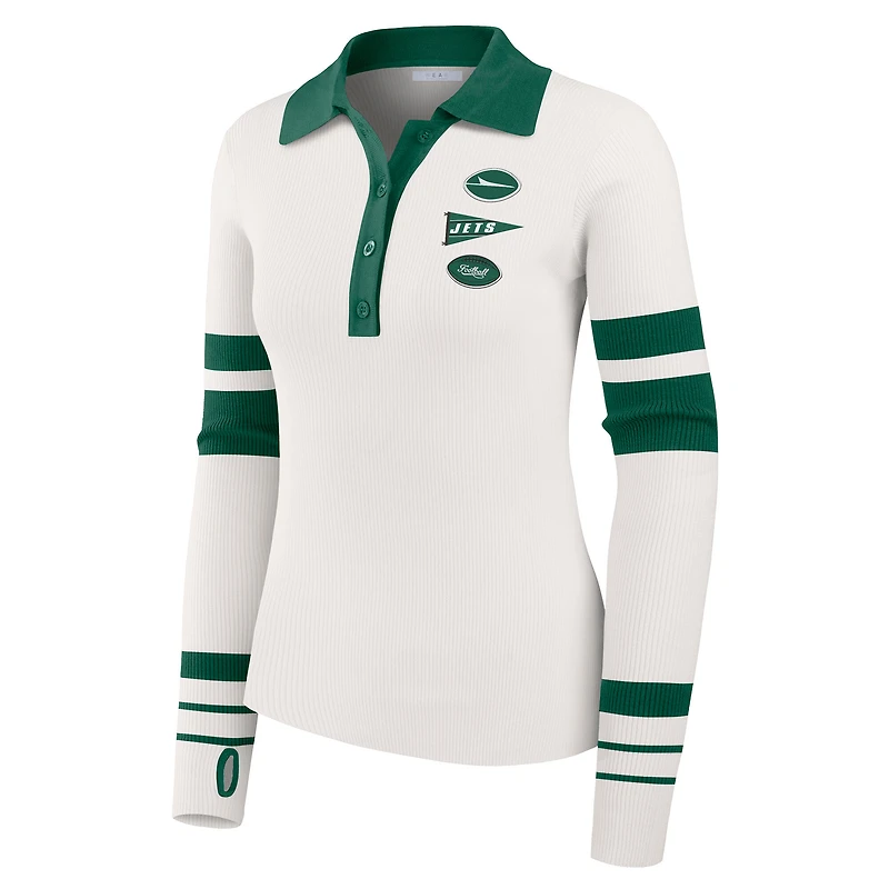Women's WEAR by Erin Andrews White New York Jets Ribbed Henley Polo Sweater