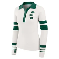 Women's WEAR by Erin Andrews White New York Jets Ribbed Henley Polo Sweater