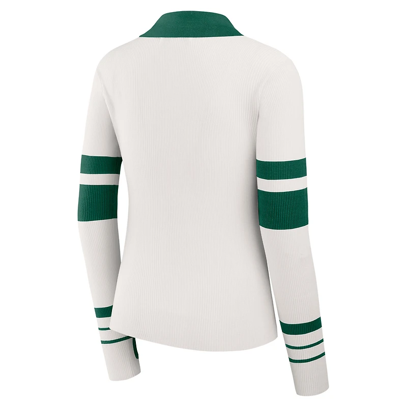 Women's WEAR by Erin Andrews White New York Jets Ribbed Henley Polo Sweater