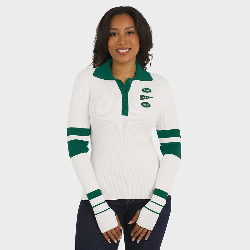 Women's WEAR by Erin Andrews White New York Jets Ribbed Henley Polo Sweater