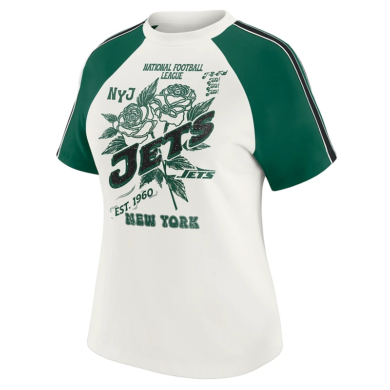 Women's WEAR by Erin Andrews White New York Jets Sleeve Stripe Distressed Raglan T-Shirt