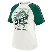 Women's WEAR by Erin Andrews White New York Jets Sleeve Stripe Distressed Raglan T-Shirt