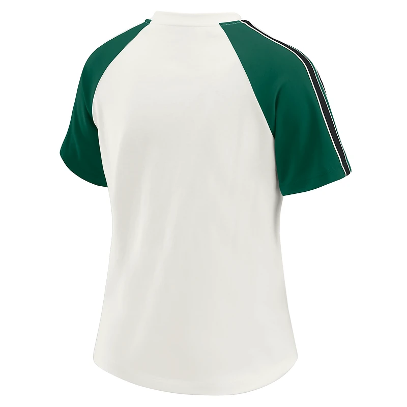 T-shirt raglan blanc à rayures et manches vieillies pour femme WEAR by Erin Andrews, imprimé New York Jets