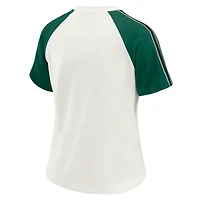 T-shirt raglan blanc à rayures et manches vieillies pour femme WEAR by Erin Andrews, imprimé New York Jets